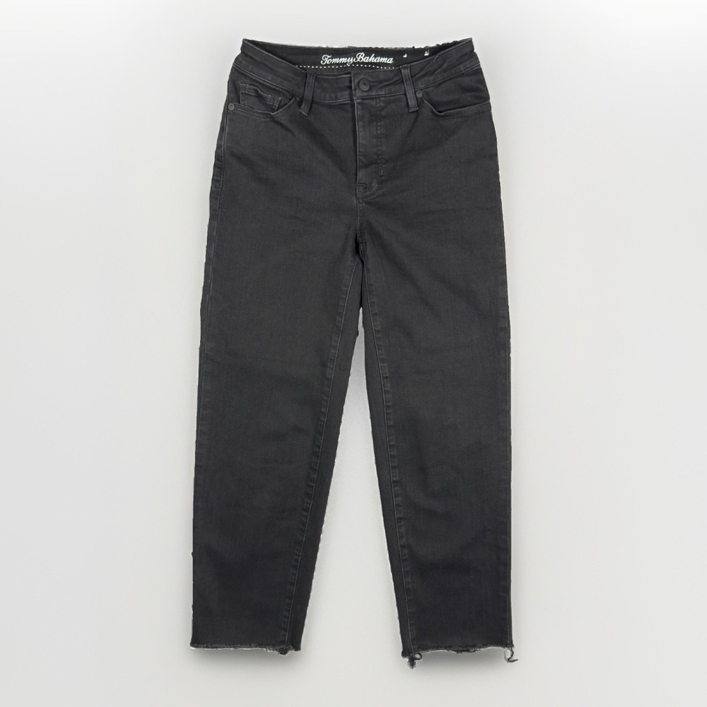 Tommy Bahama Womens 2 27 High Rise Crop Straight Jeans Black Raw Hem Stretch